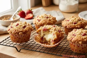 strawberry cream cheese muffins with streusel topping on a wire rack