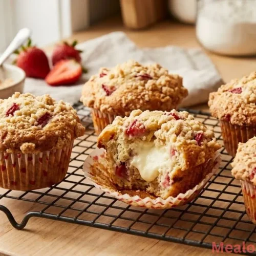 strawberry cream cheese muffins with streusel topping on a wire rack
