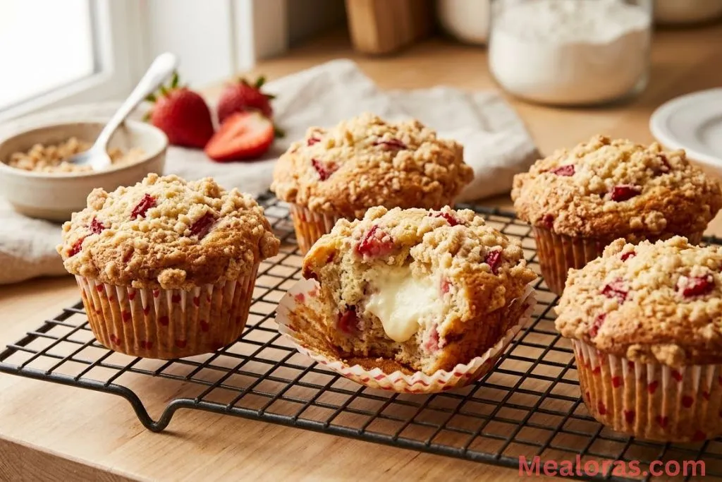 strawberry cream cheese muffins with streusel topping on a wire rack
