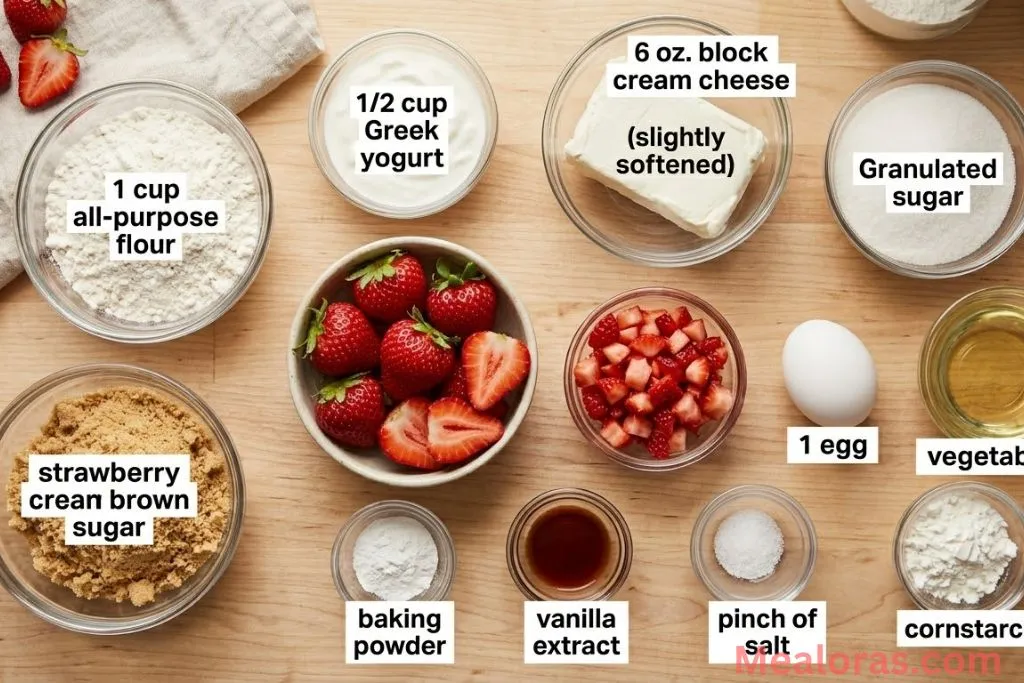 All-purpose flour, strawberries, cream cheese, sugar, and yogurt on a kitchen counter