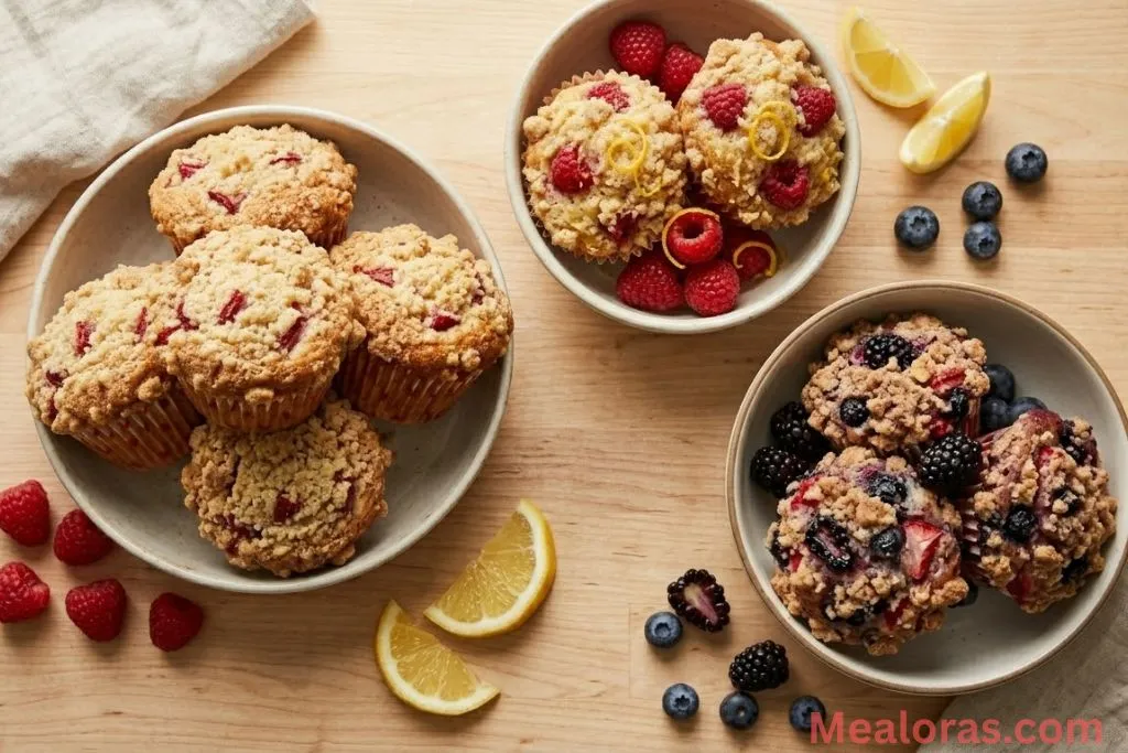 Different berry options and citrus zest used in muffin recipes