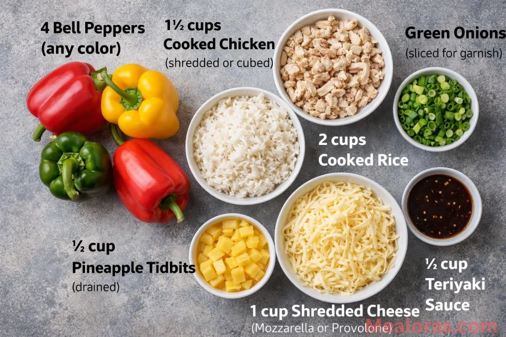 Raw bell peppers, cooked chicken, rice, pineapple tidbits, and teriyaki sauce on a white surface