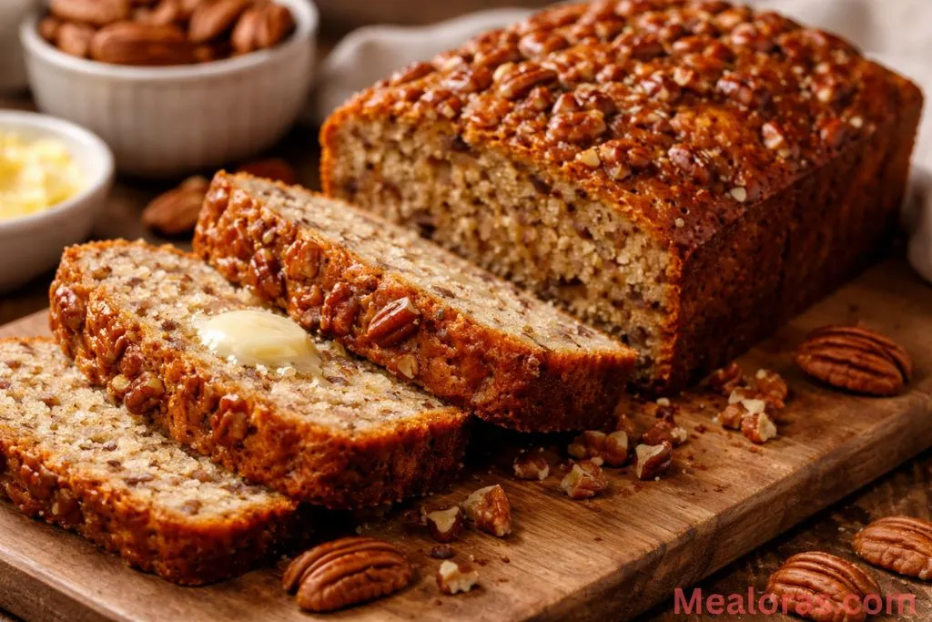 A golden brown Sweet Alabama Pecanbread sliced into squares in a baking dish