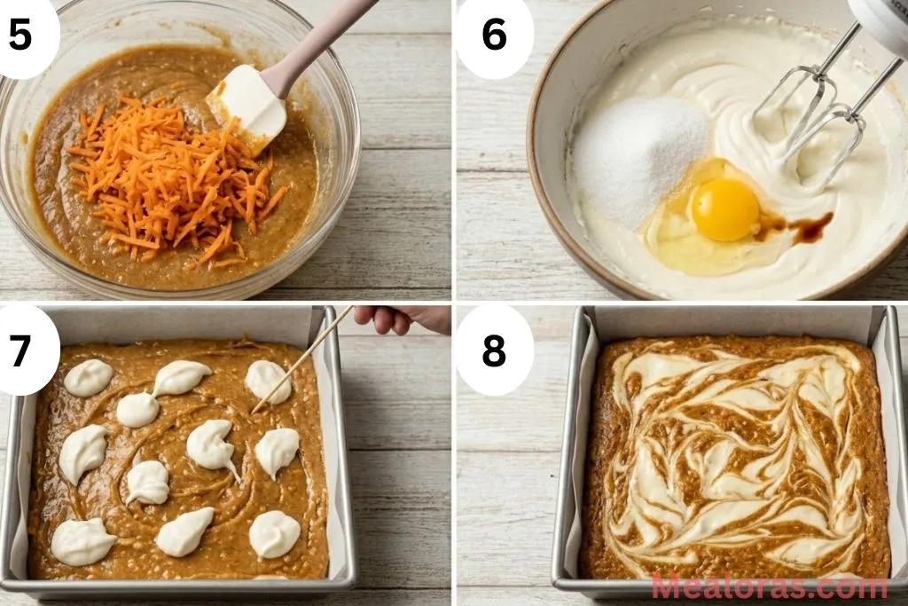 Process shots showing folding in carrots, mixing cream cheese, and swirling the two batters