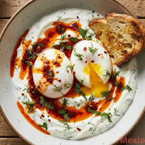 Turkish Eggs with runny yolks and red chili butter swirls