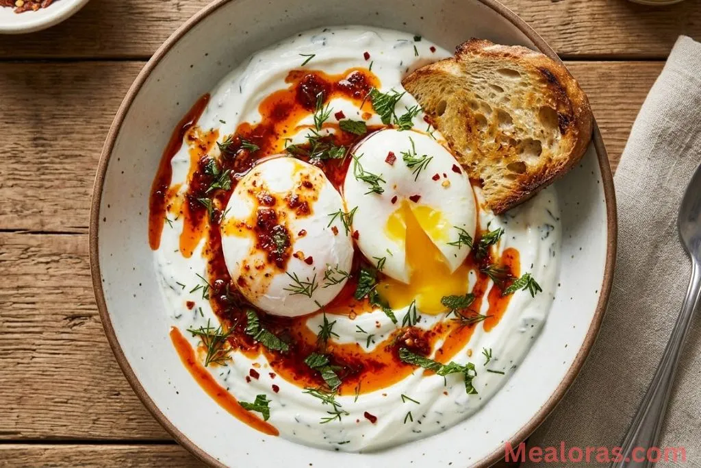 Turkish Eggs with runny yolks and red chili butter swirls