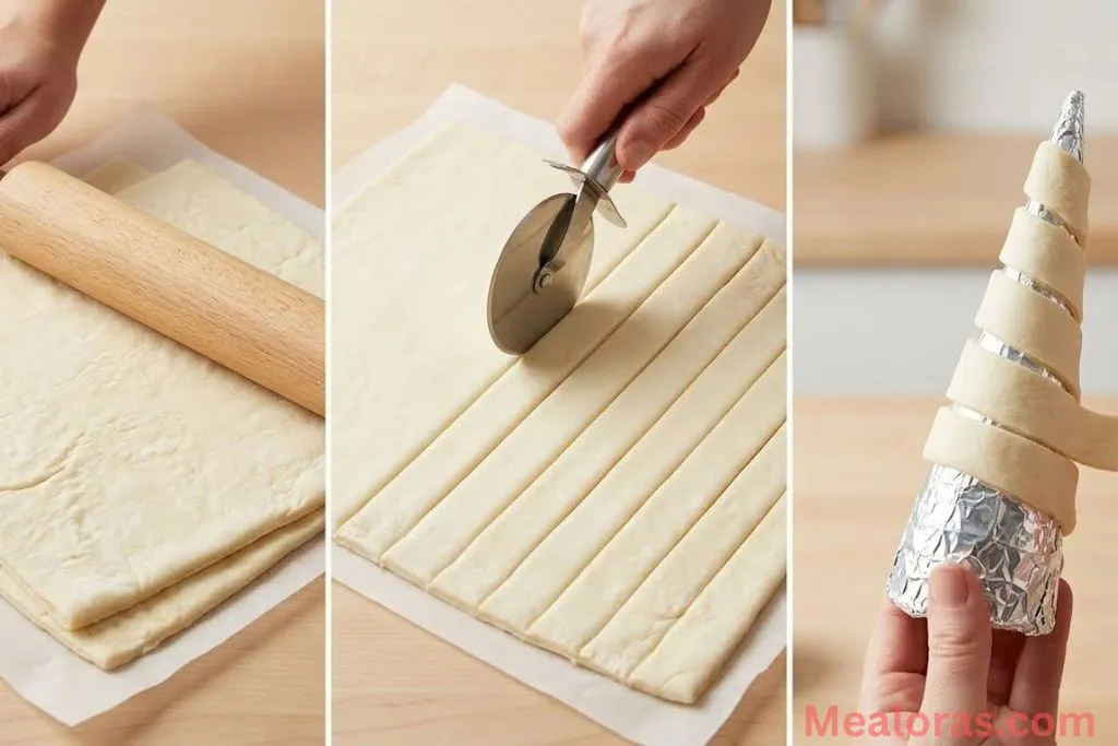 Wrapping puff pastry strips around foil-covered ice cream cones