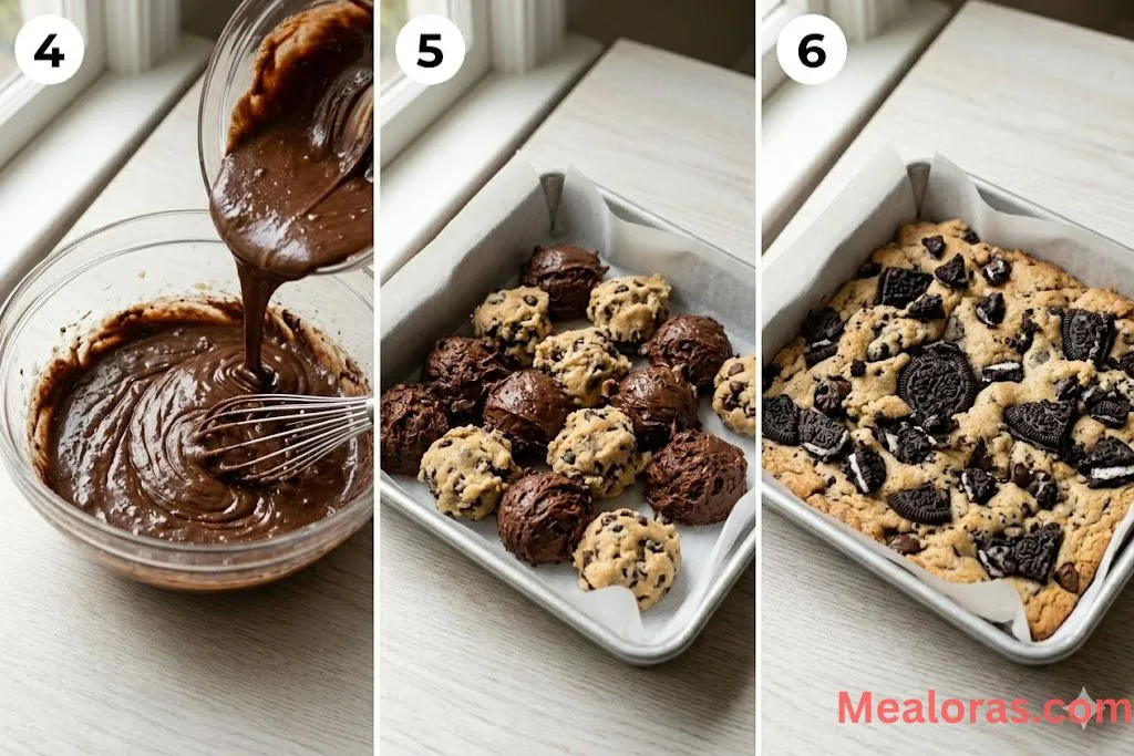 Collage showing brownie batter assembly, scooping dough into the pan, and topping with Oreos