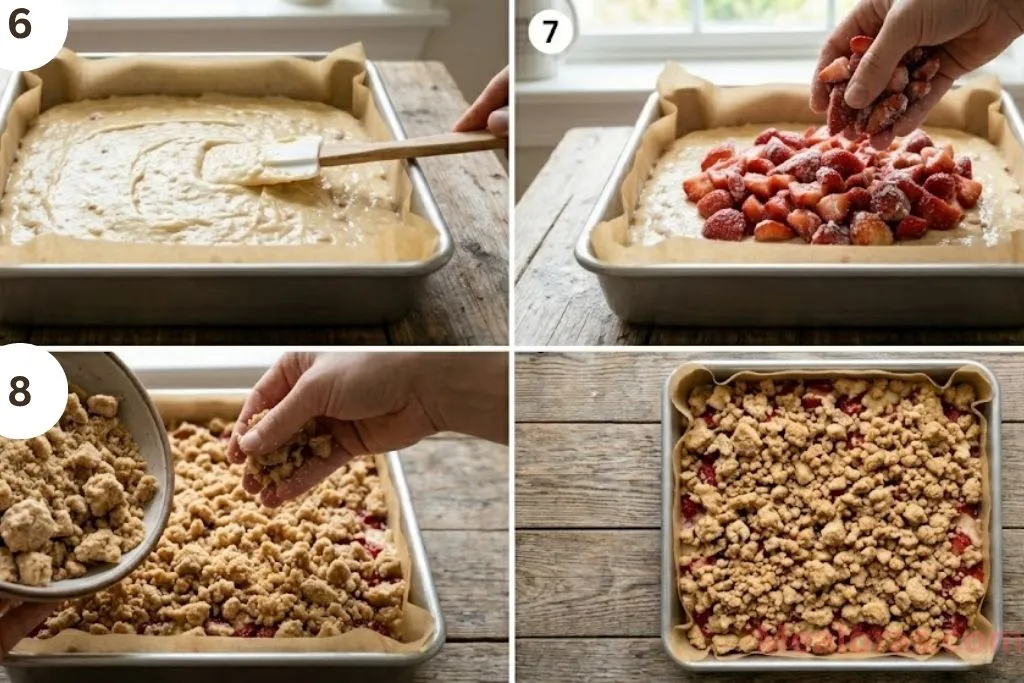 Collage showing the cake batter in a pan topped with strawberries and chilled crumble pieces