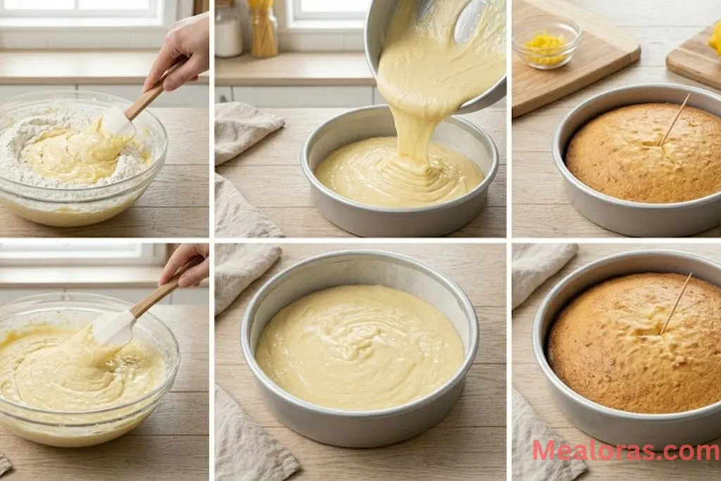 pouring batter into pans, baking until golden, and whisking frosting
