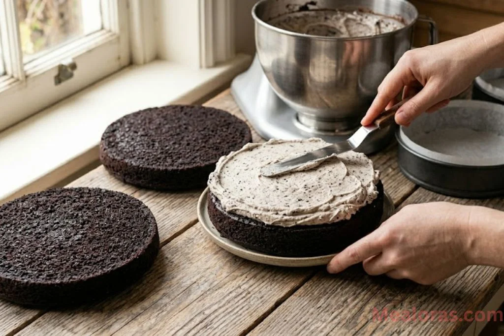 Baking cake layers in pans and assembling with Oreo buttercream frosting