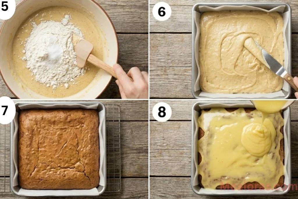 showing the thick brownie batter in a pan, the baked golden edges, and the white glaze being poured on top