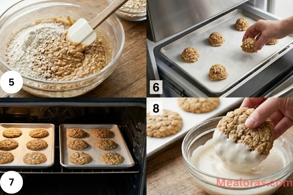 showing dough folding, tray chilling, and dipping cookies in icing
