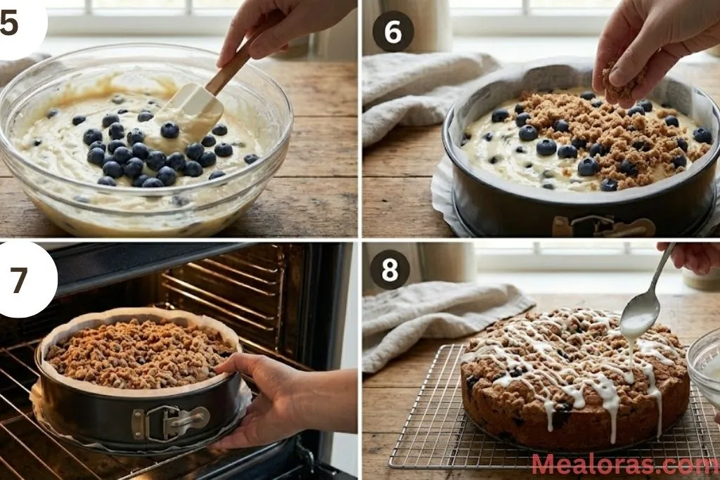 Collage showing berries added to batter, streusel topping application, and the cake in the oven