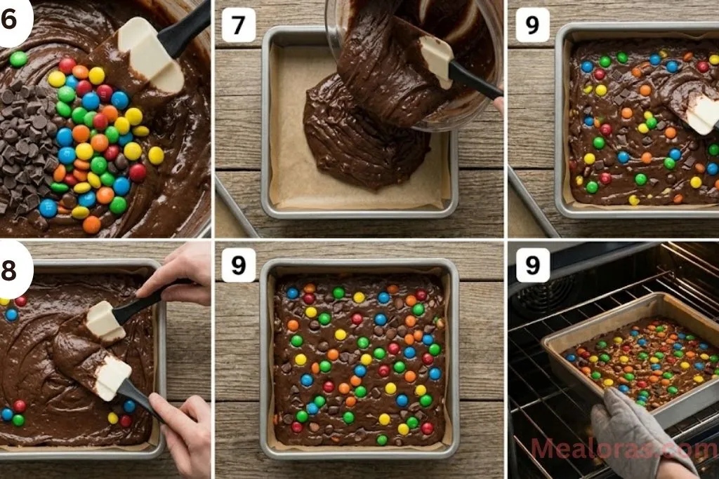 Mixing, pouring, and baking brownies.