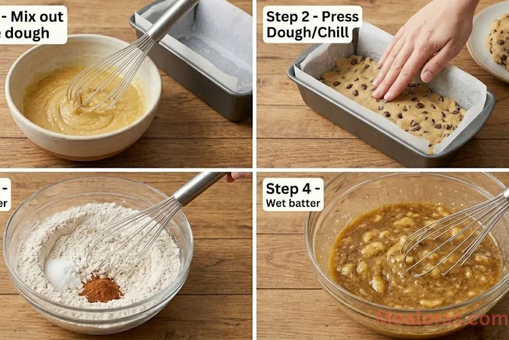 Process of mixing cookie dough and prepping the banana bread batter