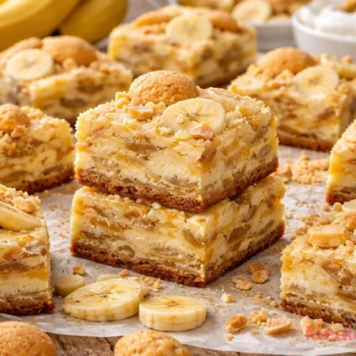 thick Banana Pudding Brownies with visible layers of pudding and vanilla wafers