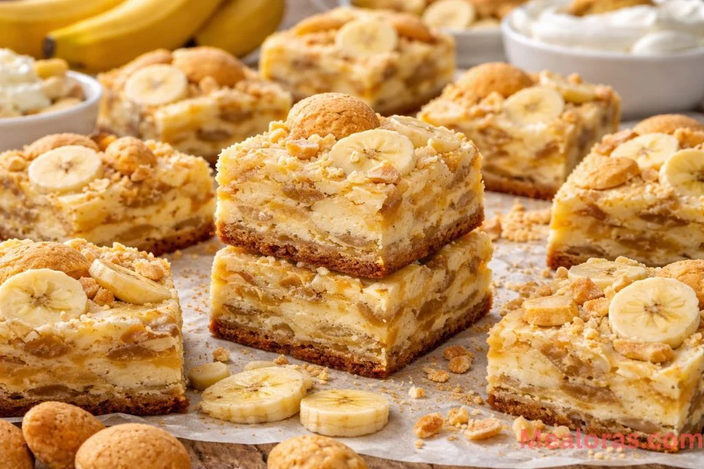 thick Banana Pudding Brownies with visible layers of pudding and vanilla wafers