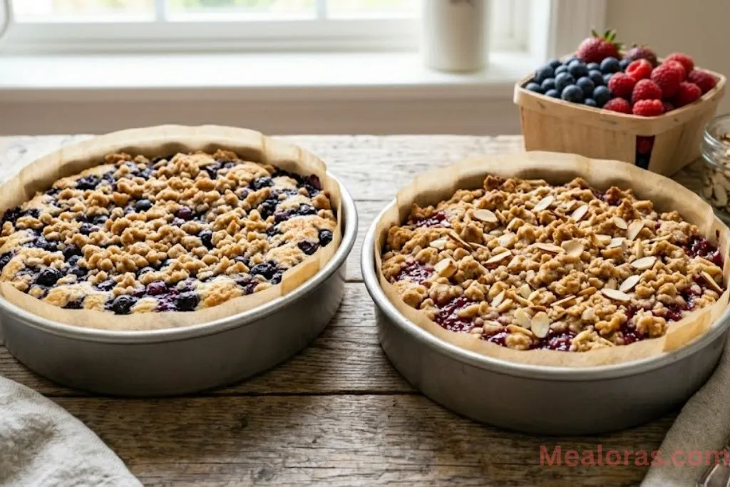 Slices of crumb cake made with different seasonal berries like blueberries and raspberries