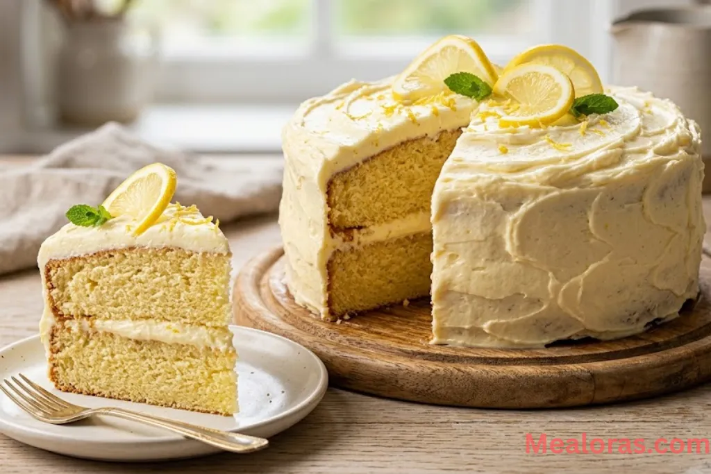 Sliced lemon cake with thick cream cheese frosting on a white plate