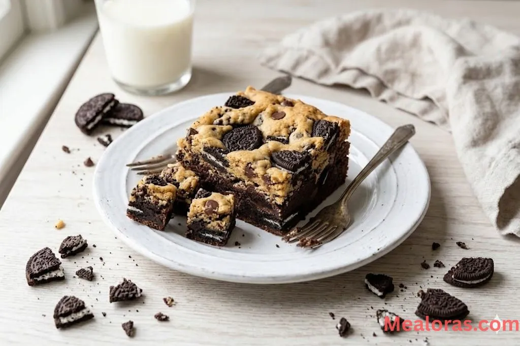 Overlapping squares of Oreo brookies showing fudgy brownie and golden cookie layers
