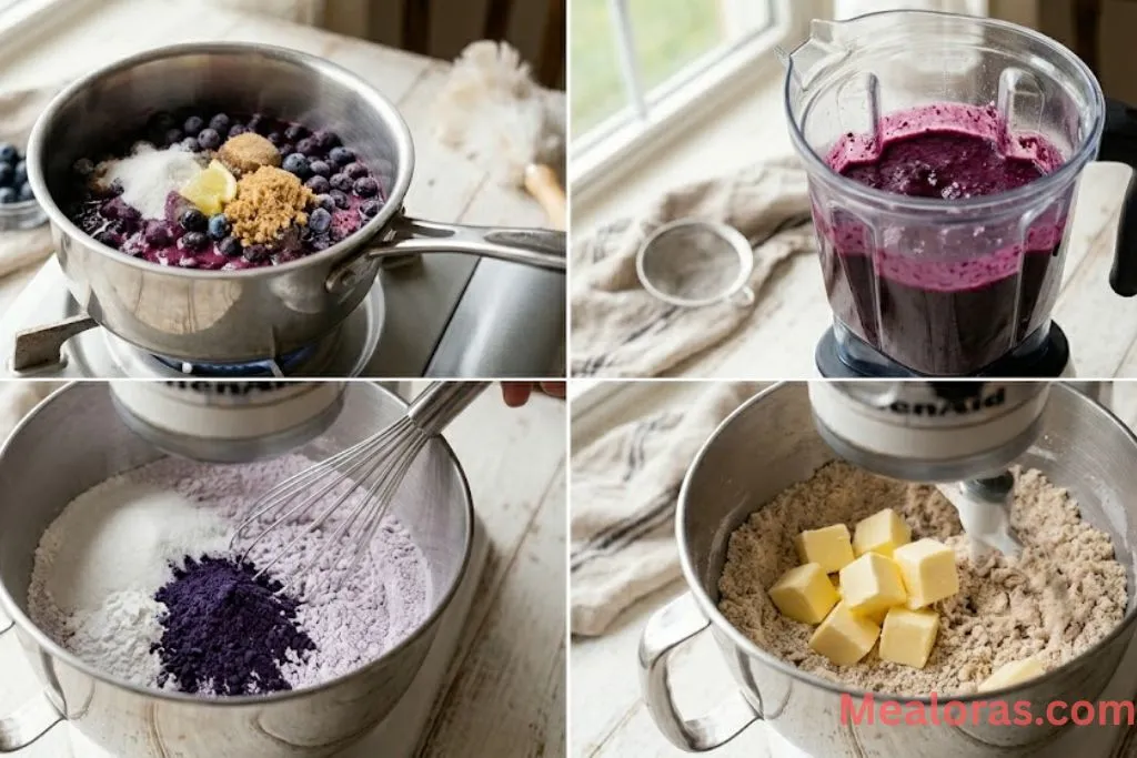 Steps showing blueberry jam prep and mixing dry ingredients with butter