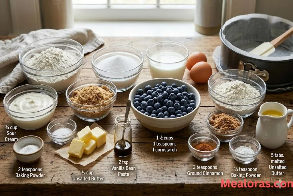 blueberries, sour cream, flour, butter, and cinnamon arranged on a kitchen counter