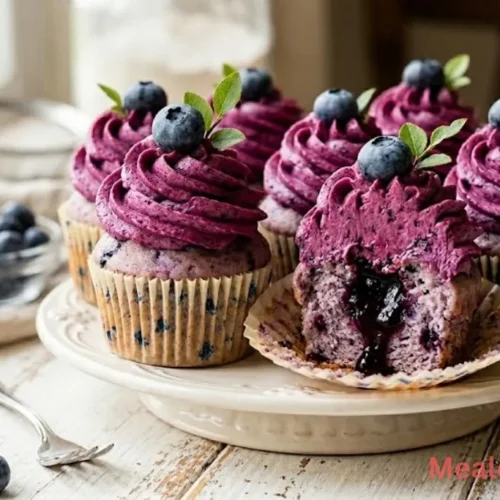 A group of blueberry cupcakes topped with purple frosting and a fresh berry
