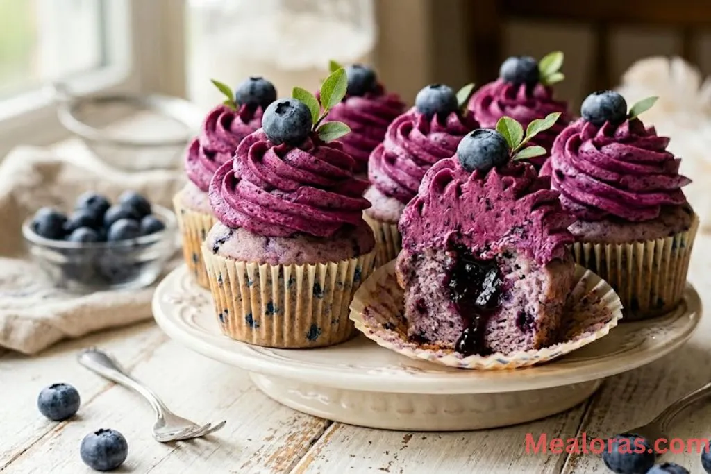 A group of blueberry cupcakes topped with purple frosting and a fresh berry