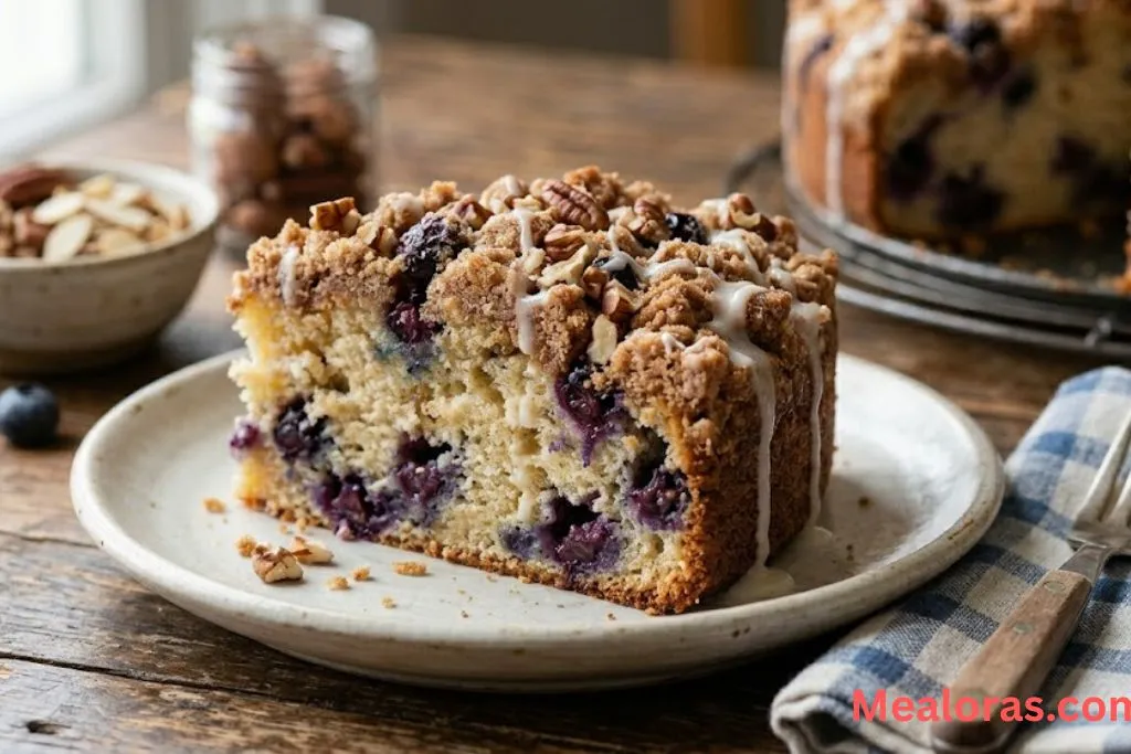 A version of the coffee cake topped with chopped pecans and extra cinnamon
