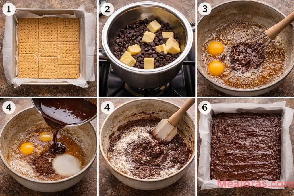 showing the process of lining a pan with graham crackers and mixing the brownie batter