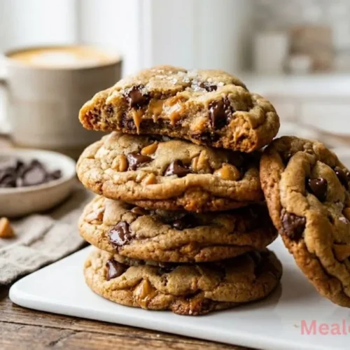 A stack of chewy butterscotch chocolate chip cookies with melted chocolate on top