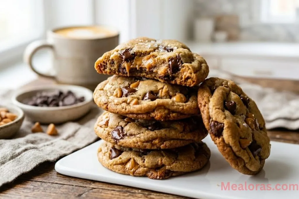 A stack of chewy butterscotch chocolate chip cookies with melted chocolate on top