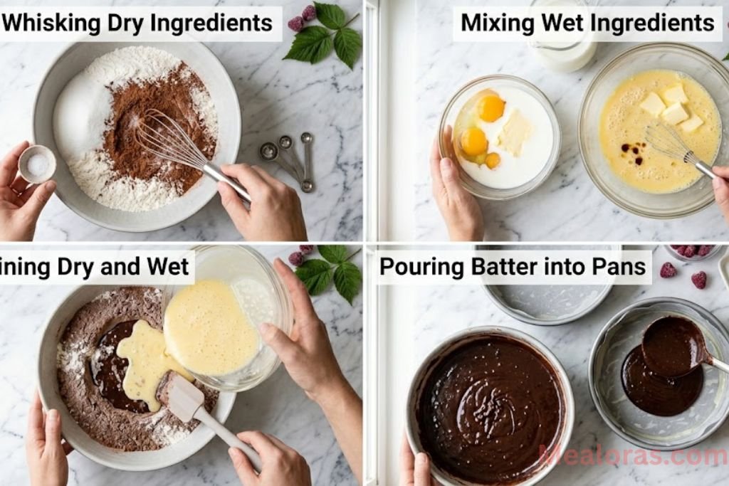 Steps for making chocolate cake batter
