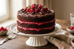 Chocolate cake with raspberry filling and berries