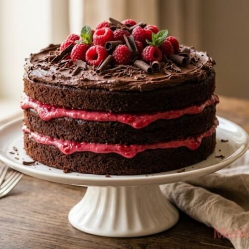 Chocolate cake with raspberry filling and berries