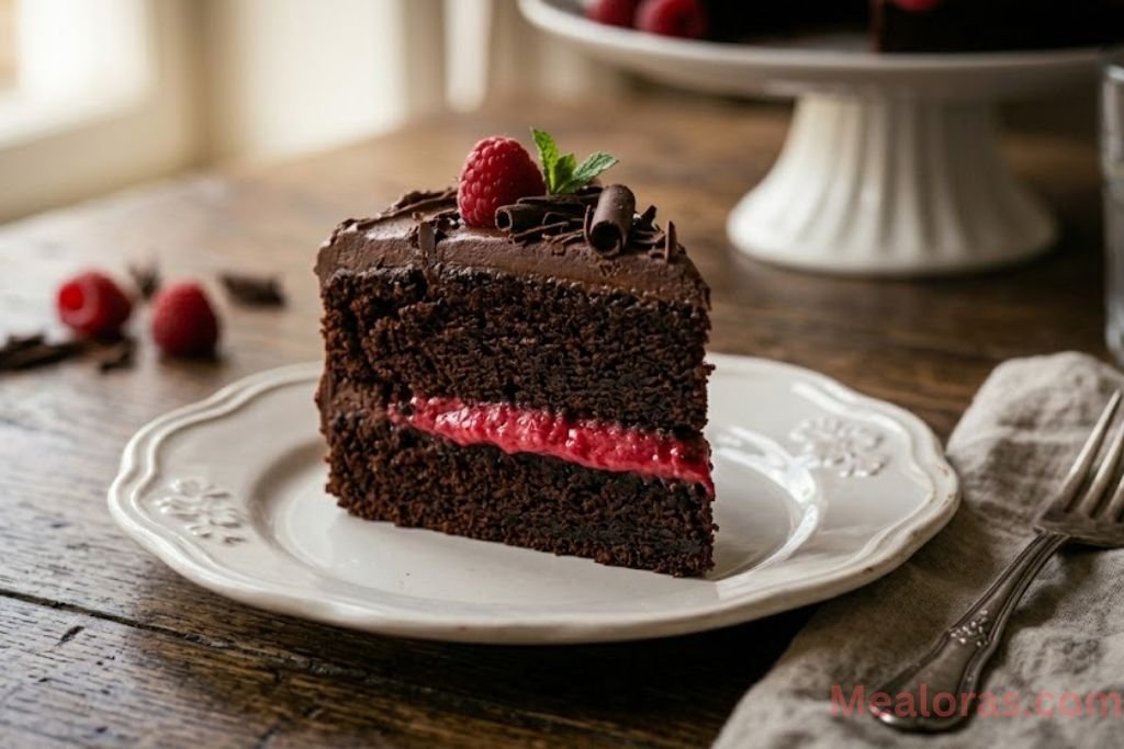 Chocolate cake with raspberry filling slice