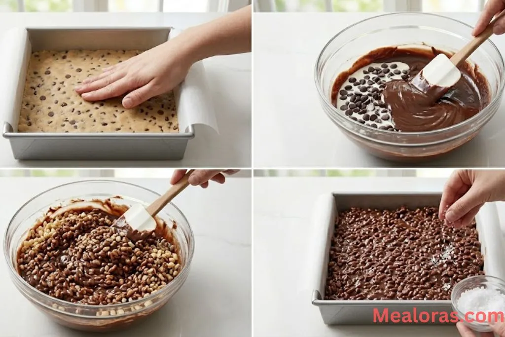 A collage showing melted chocolate mixed with cereal and spread over the dough layer in a square pan