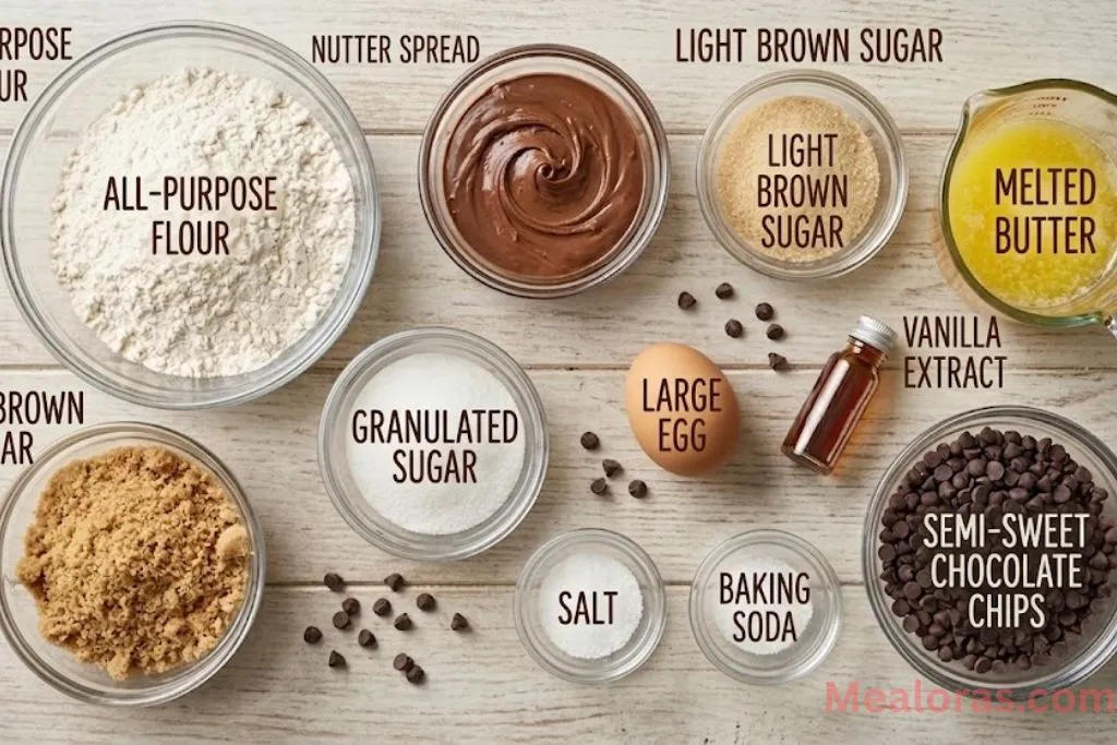 bowls of flour, brown sugar, eggs, butter, and chocolate hazelnut spread on a kitchen counter