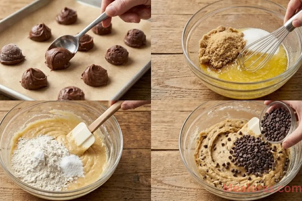 frozen hazelnut spread mounds, whisking butter and sugar, adding eggs, and mixing dry ingredients