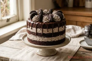 Three-layer chocolate Oreo cake with cookies and cream frosting and chocolate drip