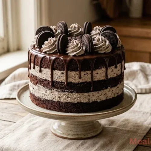Three-layer chocolate Oreo cake with cookies and cream frosting and chocolate drip