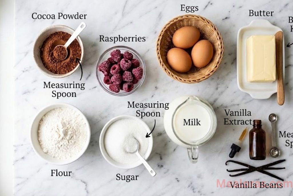 Ingredients for chocolate raspberry cake