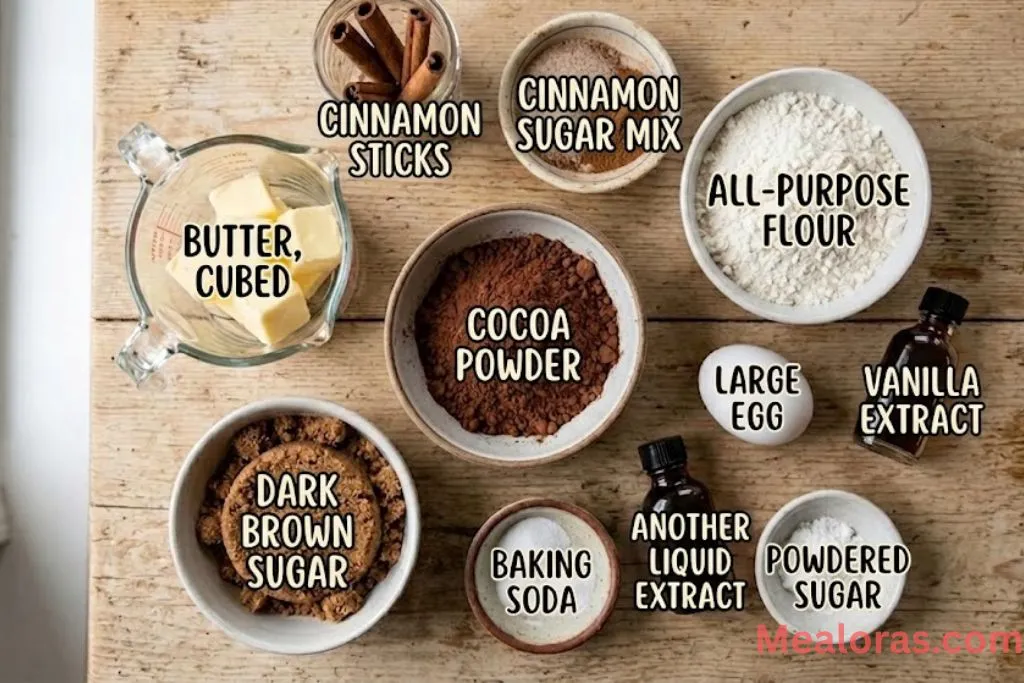 Pre-measured ingredients for chocolate snickerdoodles including cocoa, flour, and dark brown sugar