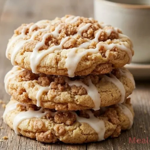 A stack of soft coffee cake cookies topped with thick vanilla glaze and cinnamon crumbs