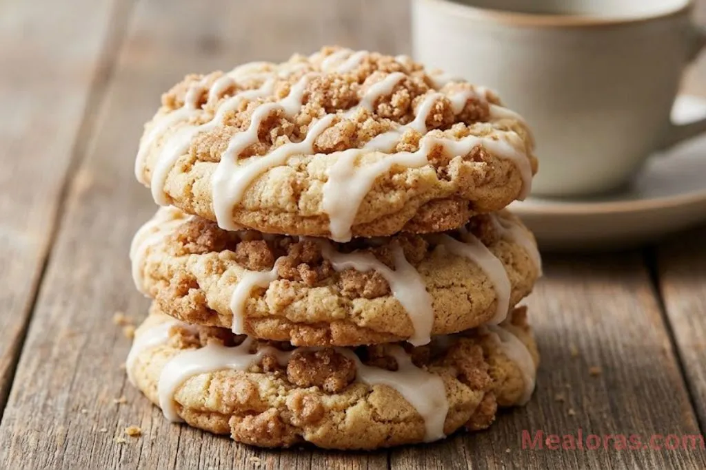 A stack of soft coffee cake cookies topped with thick vanilla glaze and cinnamon crumbs