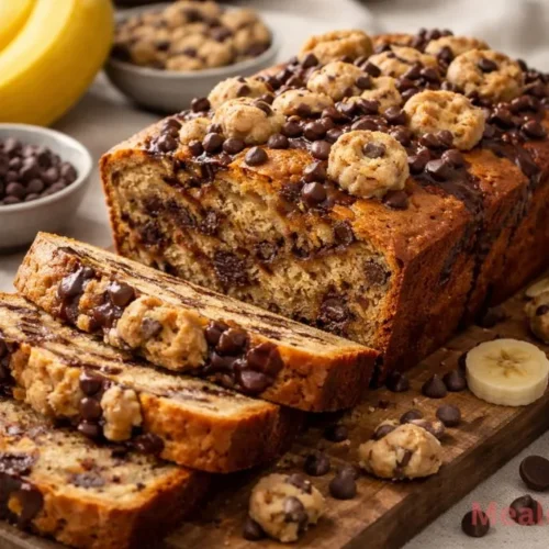 Sliced cookie dough banana bread showing the chocolate chip center layer