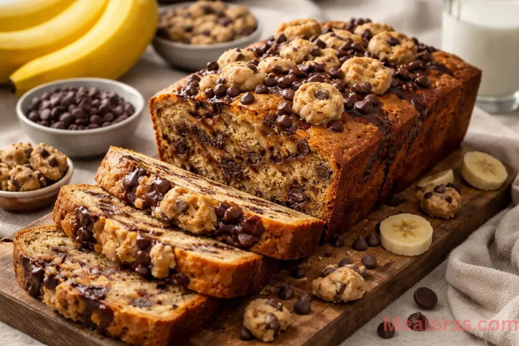 Sliced cookie dough banana bread showing the chocolate chip center layer