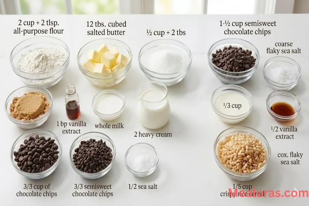 All-purpose flour, butter, sugars, chocolate chips, and rice cereal arranged on a clean white surface