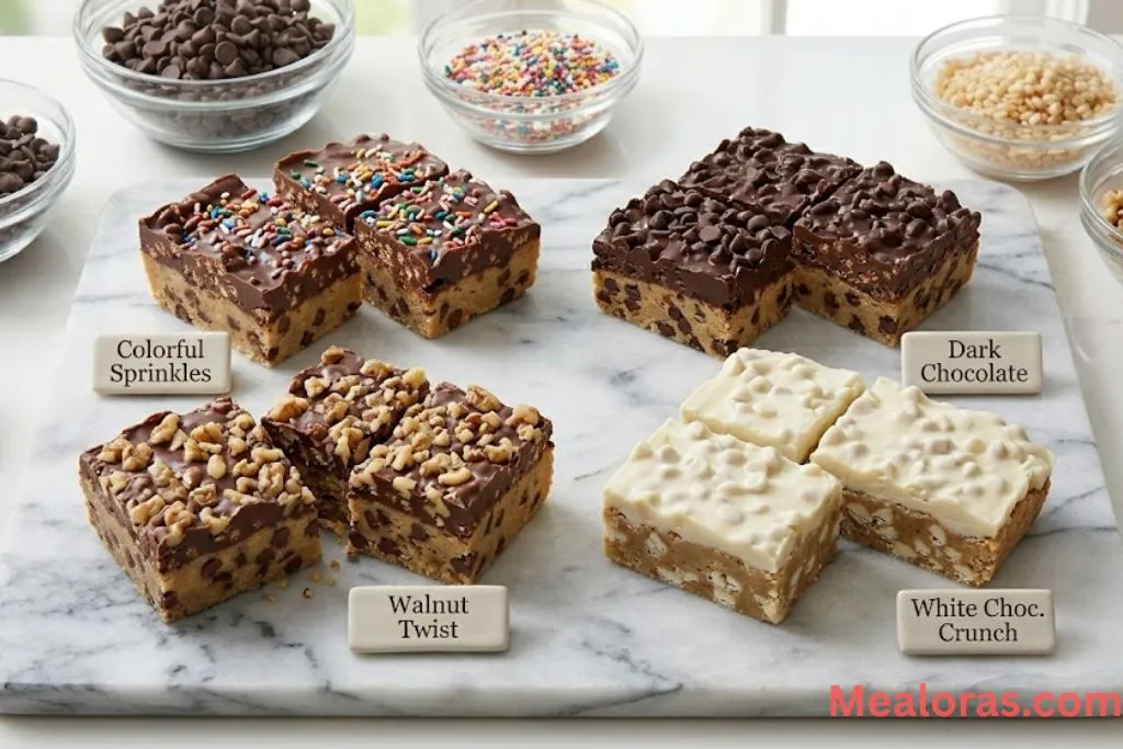 Different versions of the bars featuring dark chocolate and colorful sprinkles